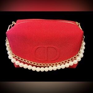 GWP CD Red Canvas Makeup Bag with added Pearl and Chain Strap